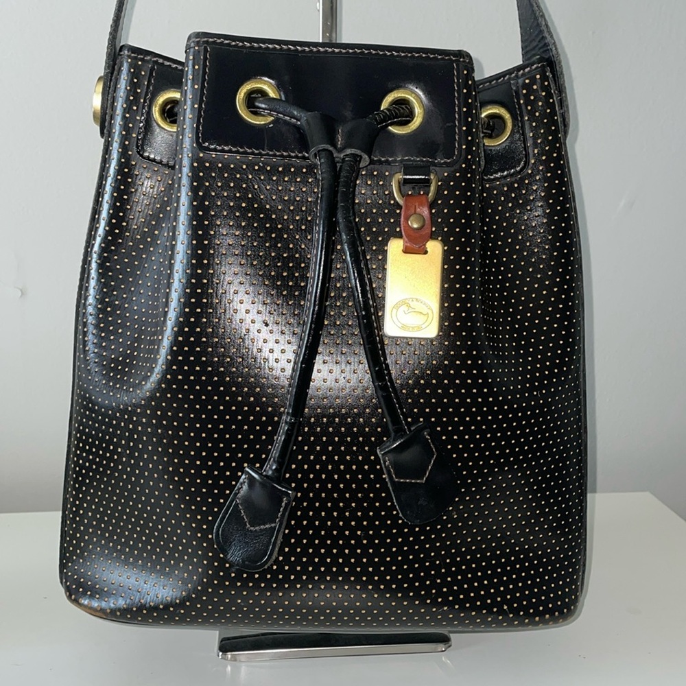Dooney & Bourke Black Perforated Drawstring Crossbody Saddle Leather